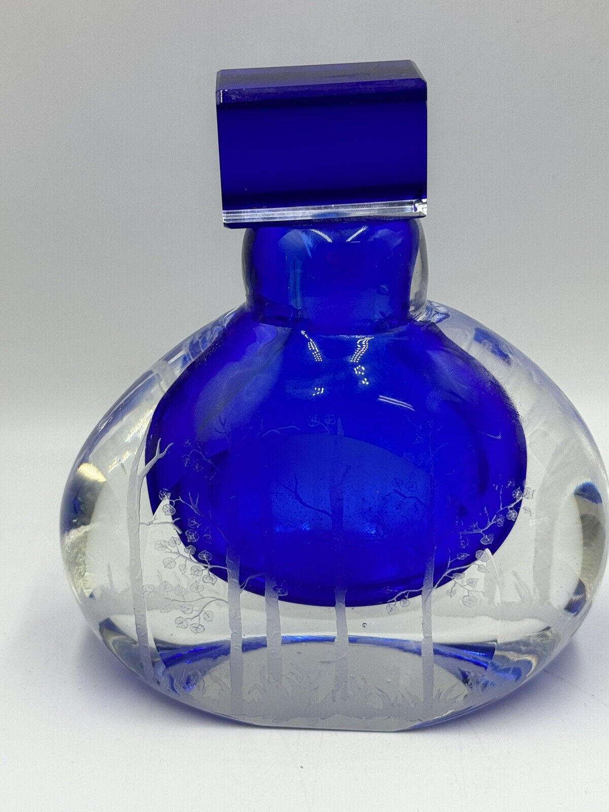 Perry Coyle Signed Etched Sommerso Blue Glass Woodland Scene Perfume Bottle