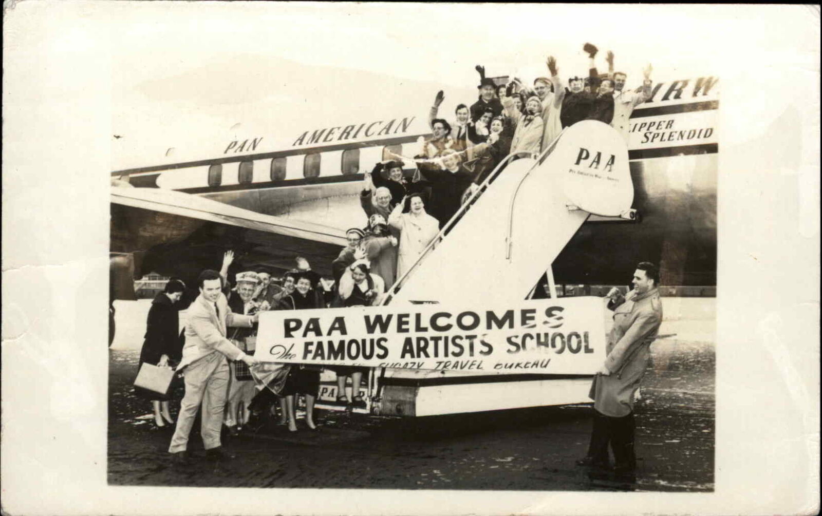 Pan Am American Airlines Airplane Famous Artists School Deplanes RPPC Postcard