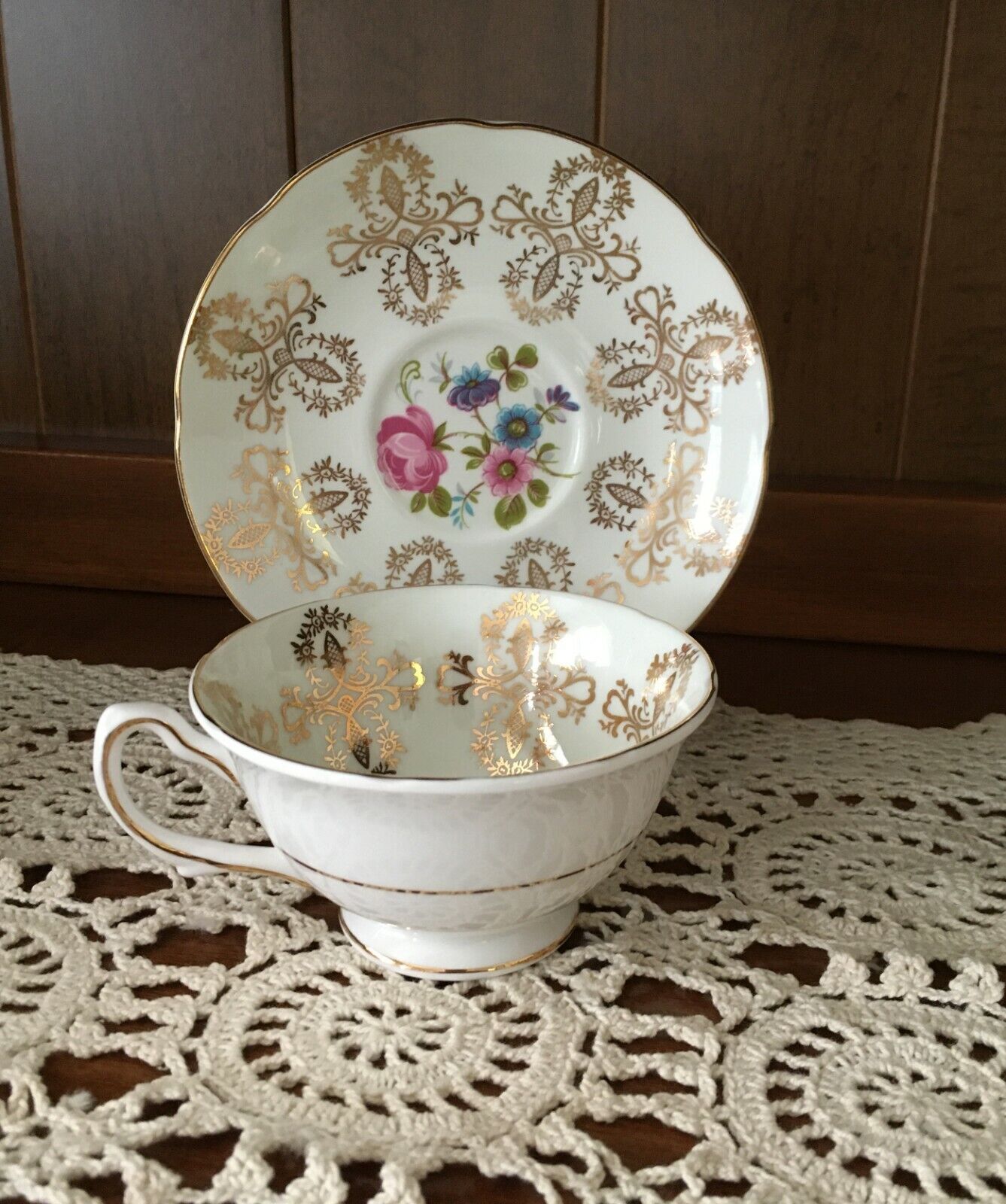 PRICE REDUCED Royal Grafton cup and saucer Cream w Cabbage Rose and Gold Gilding