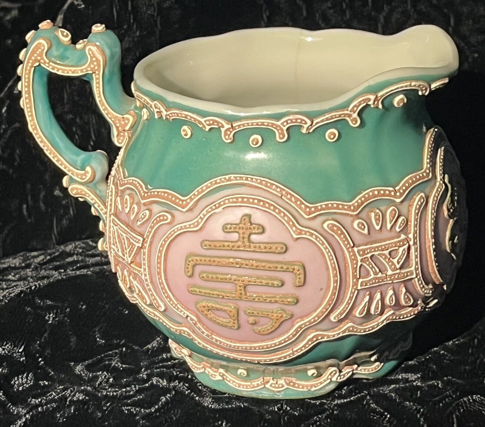 Antique Nippon Hand Painted Floral Pink & White Moriage Matte Green Creamer