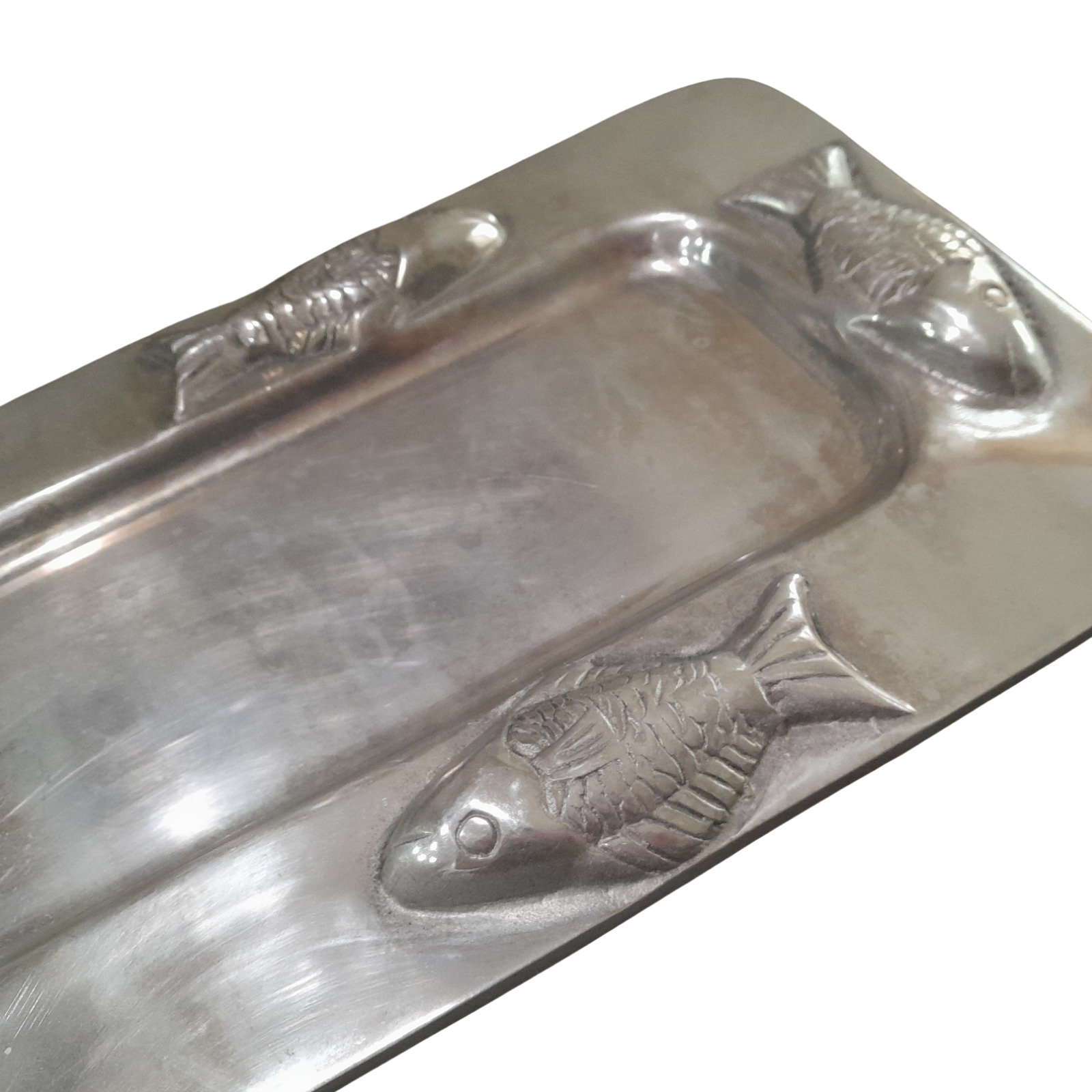Vtg Holland Boone Polished Metal Large Rectangle Serving Tray w/ Raised Fish