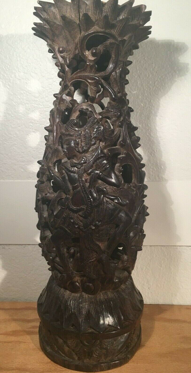 Antique Exotic Ebony Wood Carved Figurine, Hindu Ramayana, Very Ornate