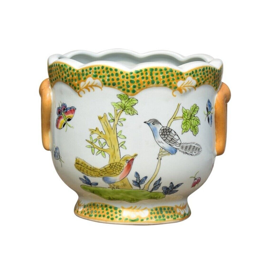 Elegantly Rippled Edge Bird and Butterfly Porcelain Cachepot Planter