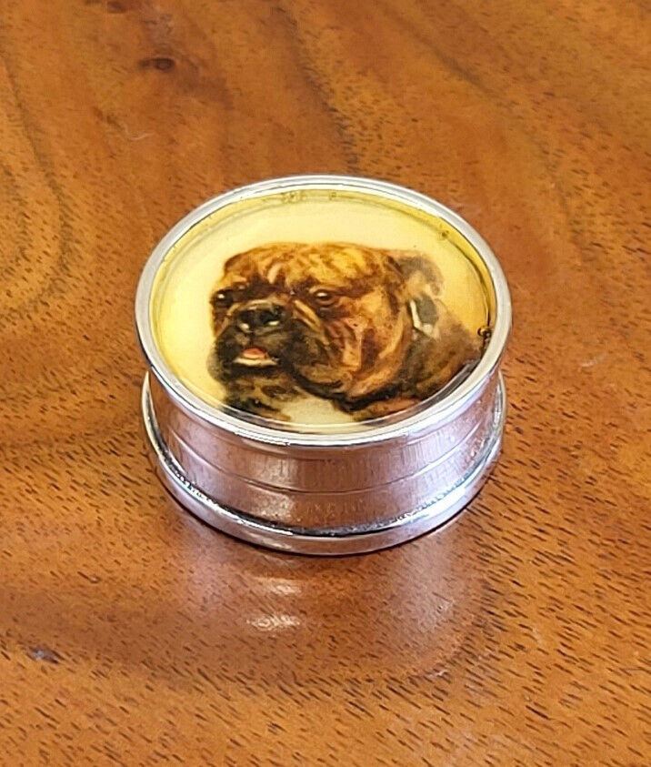 Premier Quality Sterling Silver Mini Pill Box - Handsome Enamel Bulldog Portrait