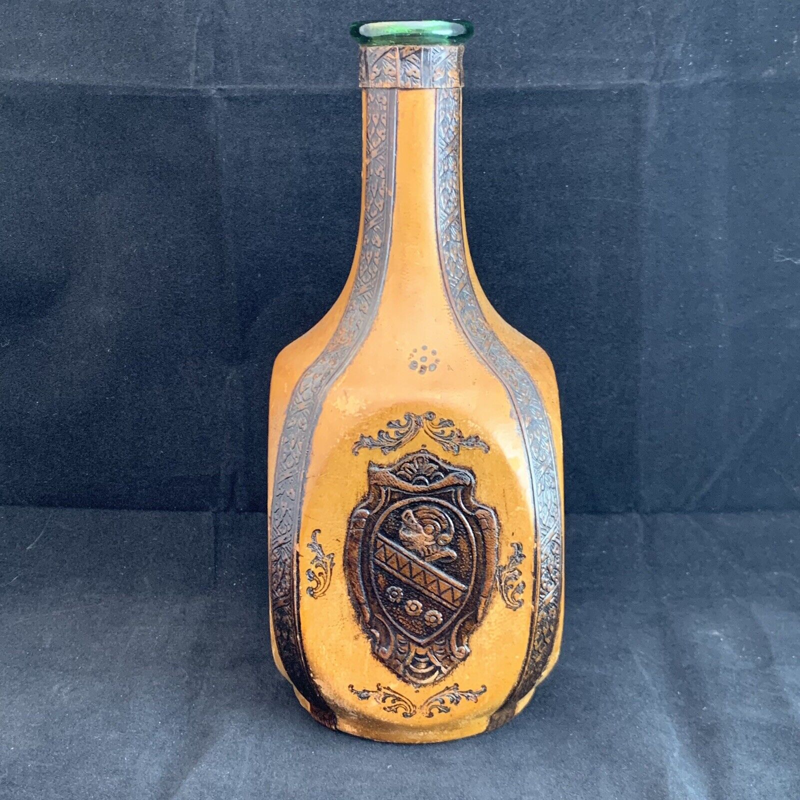 Vintage Italian Hand Tooled Leather Wrapped Decanter Bottle Green Glass