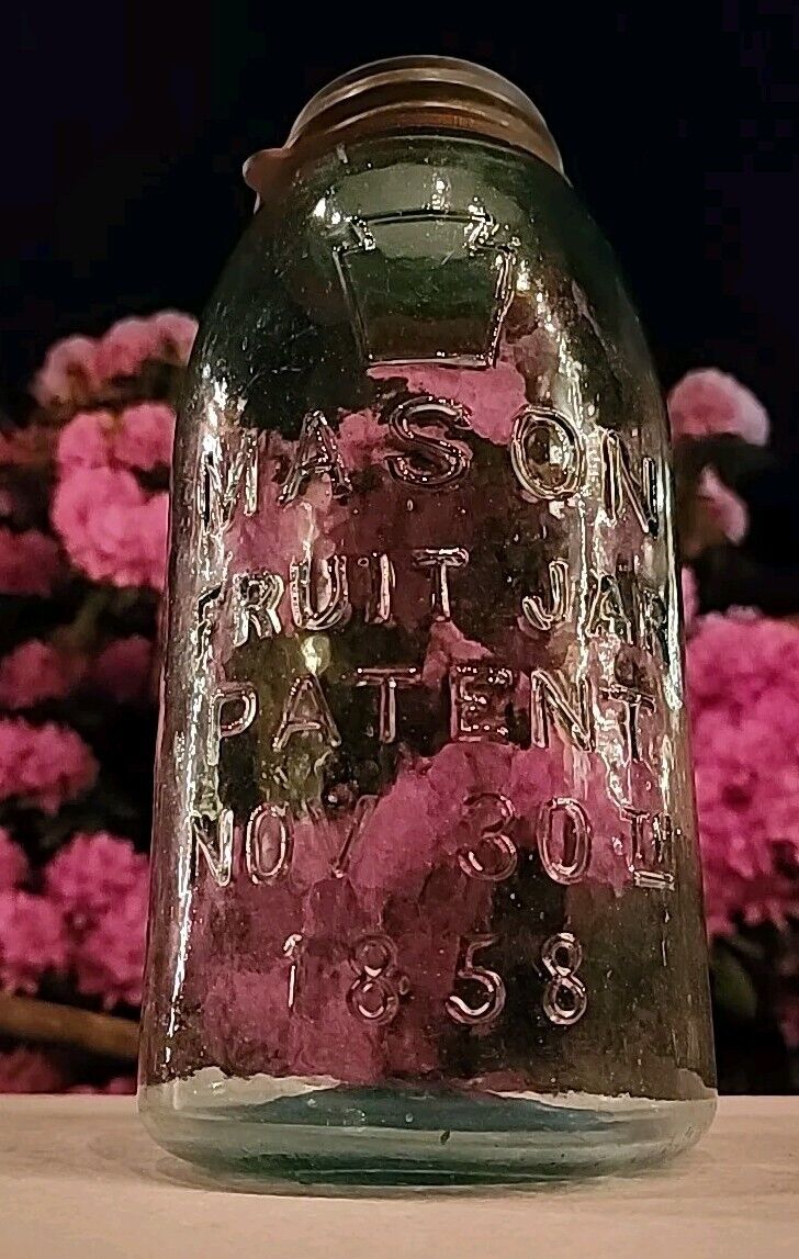 Vintage Antique Mason\'s Keystone Patent Nov 30th 1858 Fruit Pint Jar w/ Zinc Lid