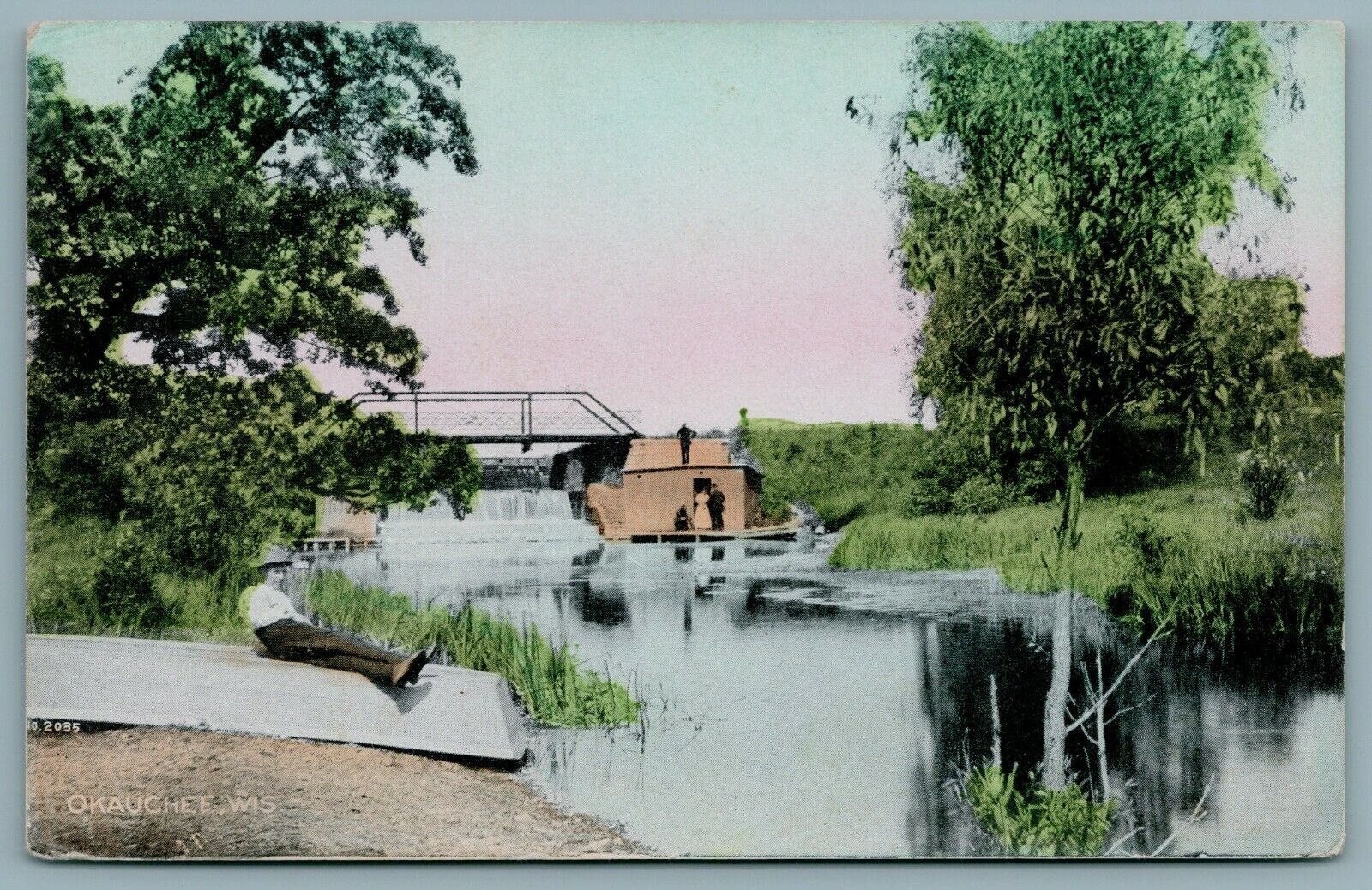 Okauchee Lake WI~Wagon Bridge Man Relaxes on Bottom of Boat~Another on Roof 1910