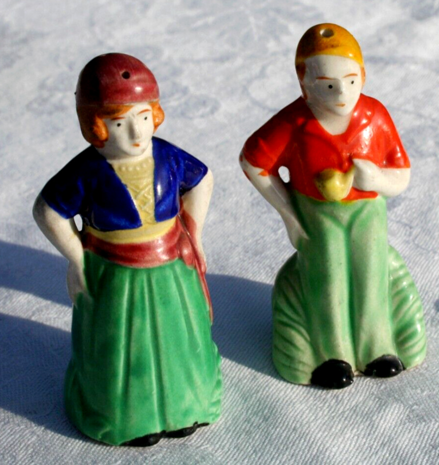 Vtg Salt Pepper Shakers Man With Pipe Woman Ceramic Japan cork stoppers 2 7/8\