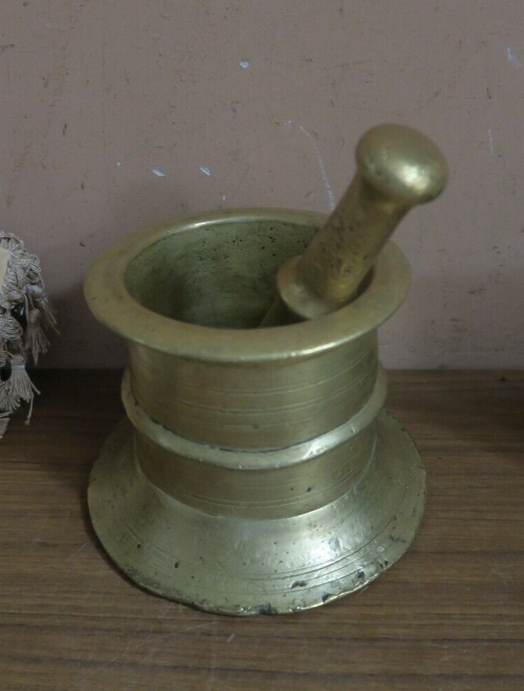 Antique 1800\'s Brass Bronze Russian Hallmarked Kitchen Mortar Pestle 13 Pounds