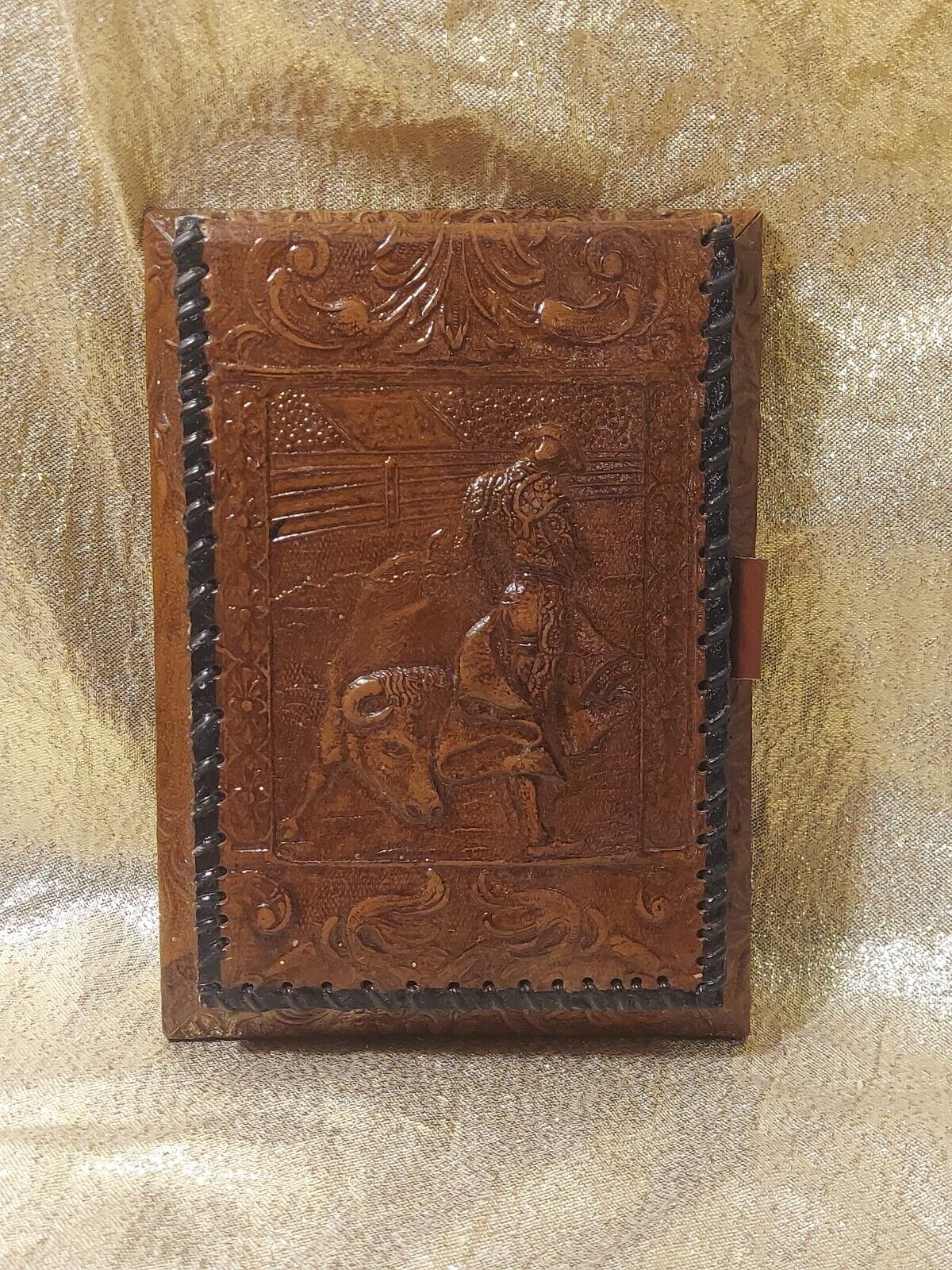 Vintage Spanish Hand Tooled Leather Note Pad Paper Holder Bull Fight Stationary