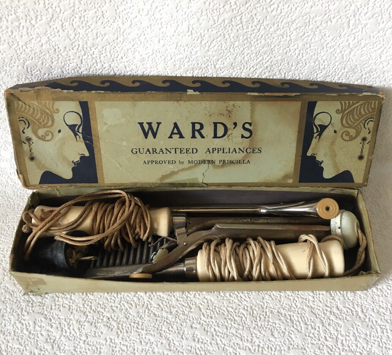 Vintage Antique Hair Curling Irons RUSSELL ELECTRIC WARD’S Art Nouveau Lady Box