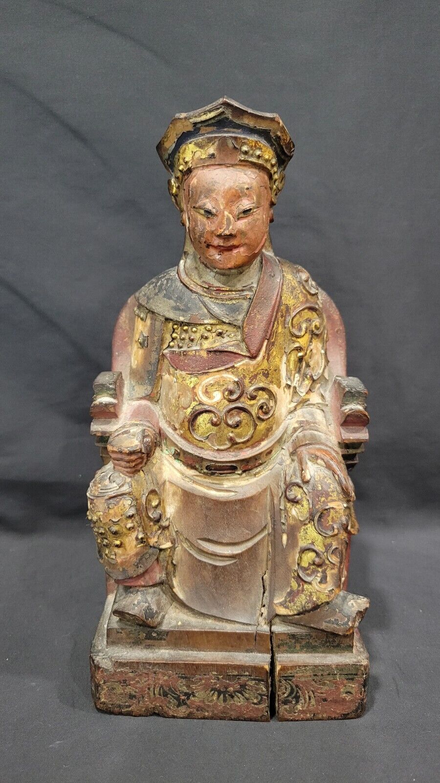 Antique 19th century Chinese Painted Wood Sculpture of a Guardian, 9 1/4\