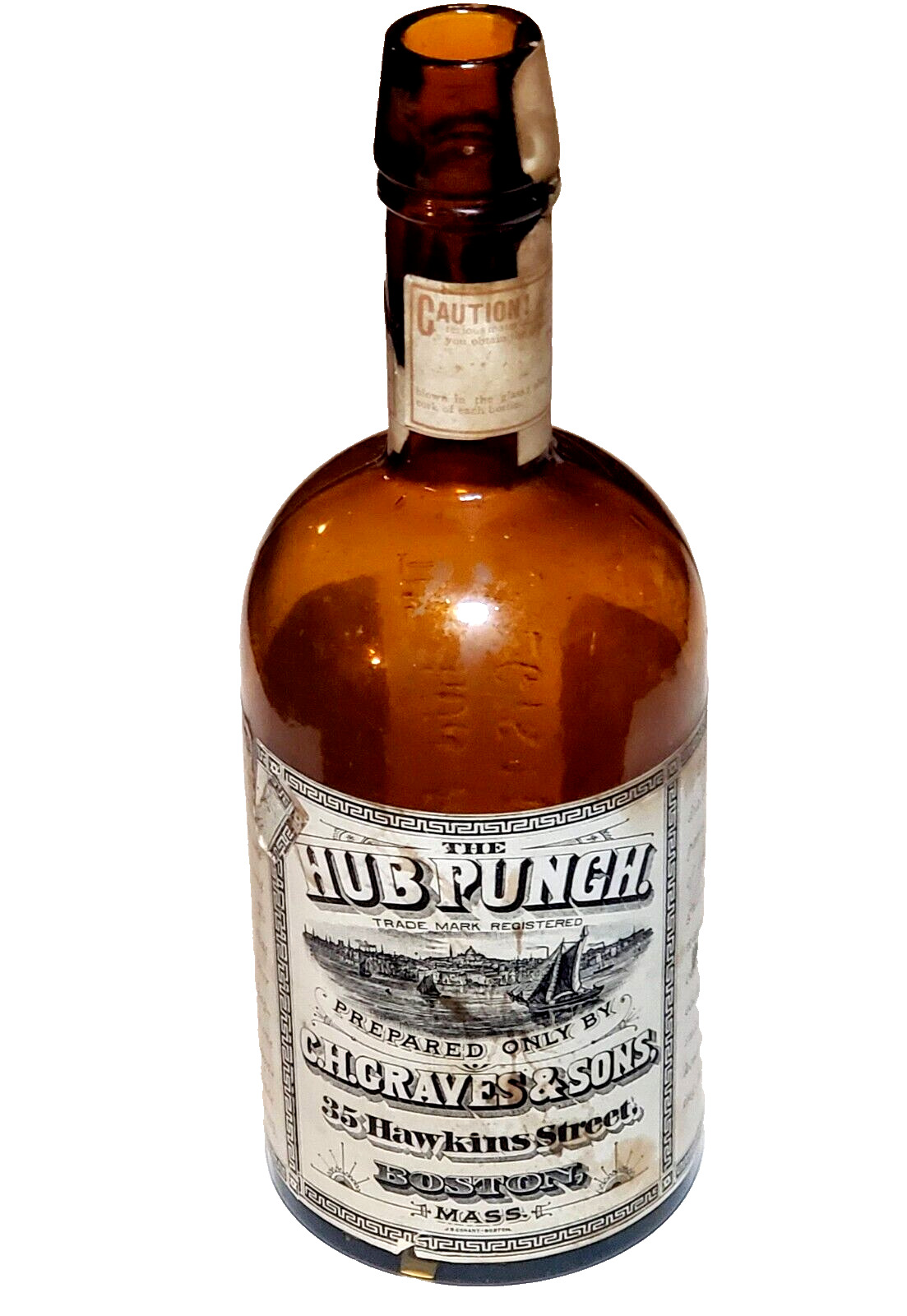 Antique 1880's Hub Punch CH Graves Boston Pre Prohibition Liquor Bottle w Label