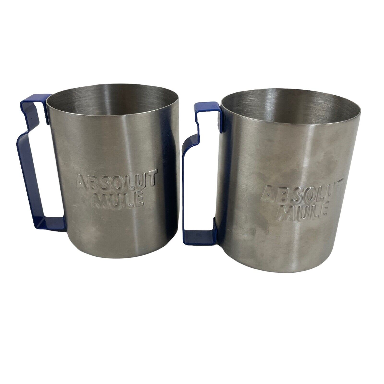 Set of 2 Absolut Vodka Moscow Mule Stainless Steel Silver Mug Cups Blue Handle