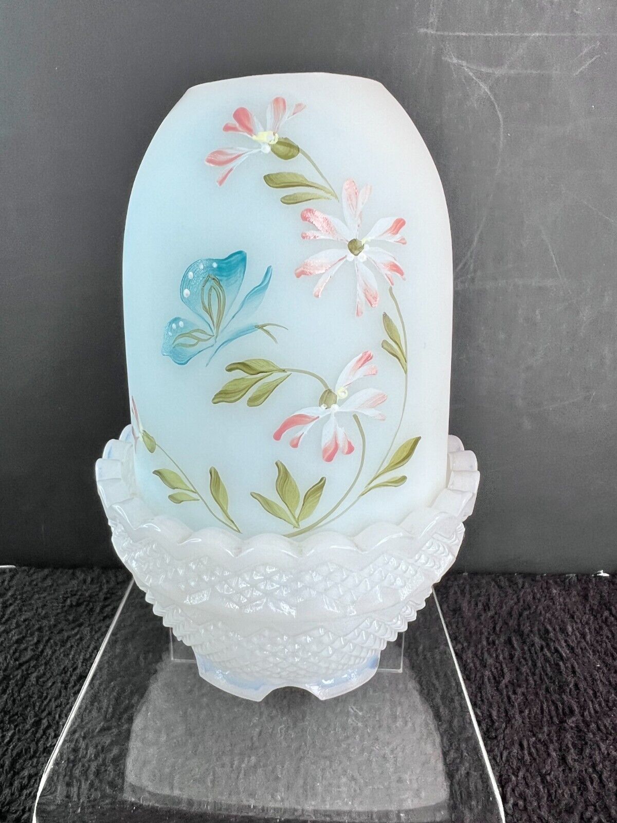Fenton Hand Painted Butterfly & Flowers White Satin Glass Fairy Lamp