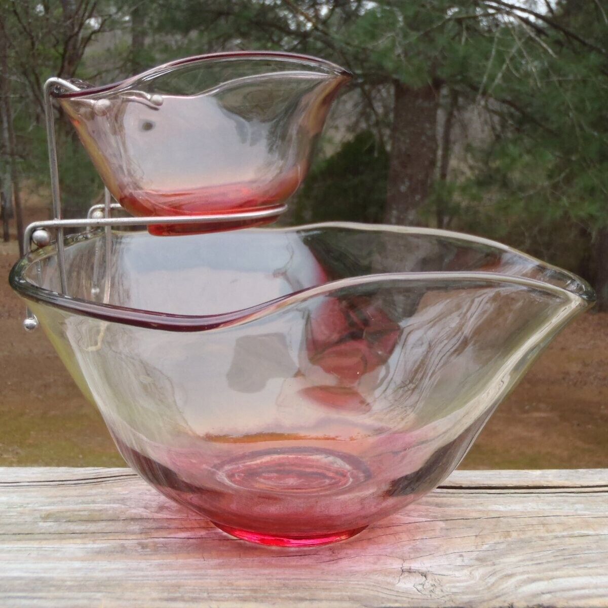 Vintage Indiana Glass Ruby Stained 3 PC CHIP & DIP SERVING BOWL SET w/Metal Clip