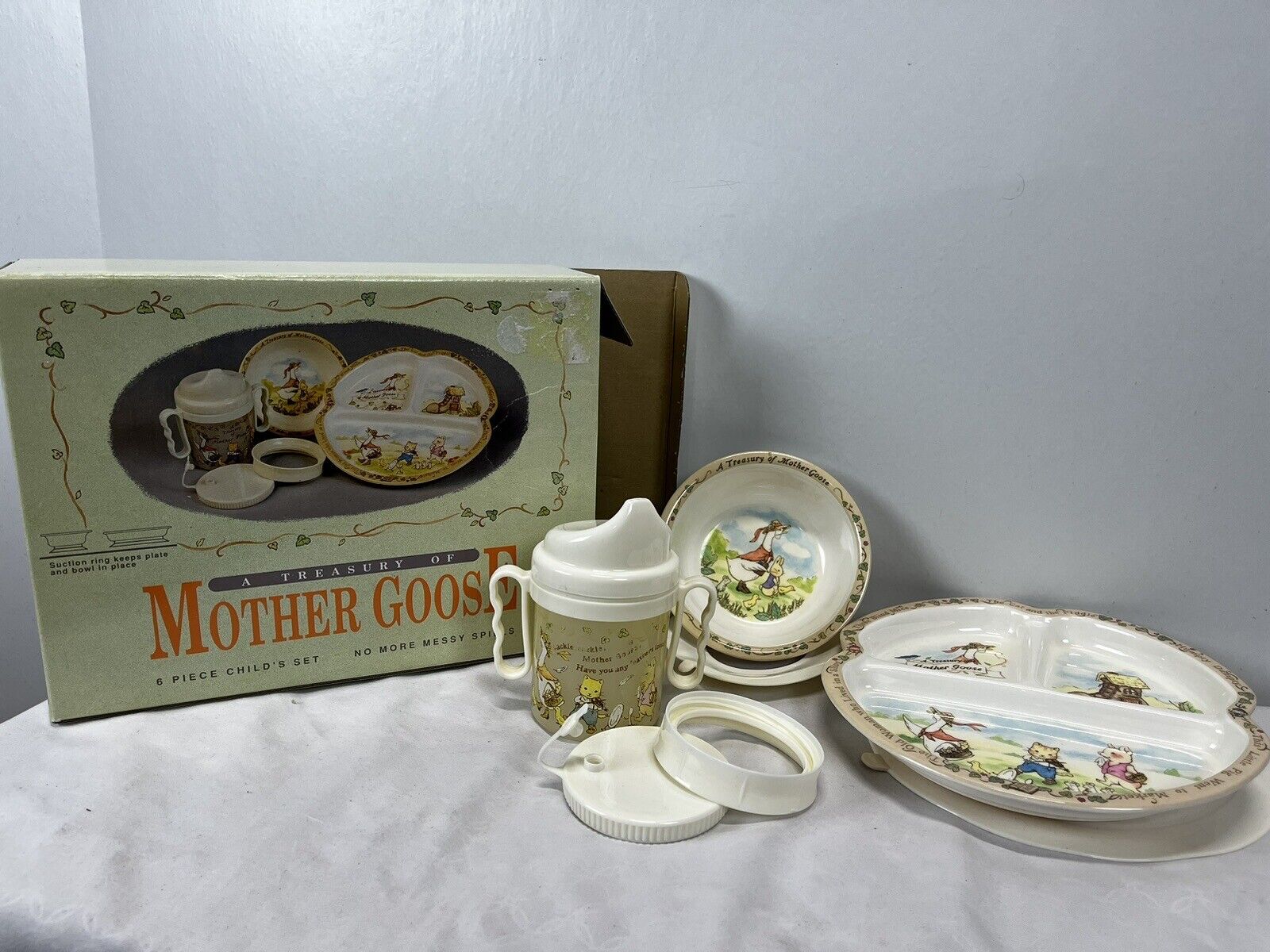Vintage Peco Melamine Mother Goose Set Bowl Plate Soppy Cup Complete 6 Pc