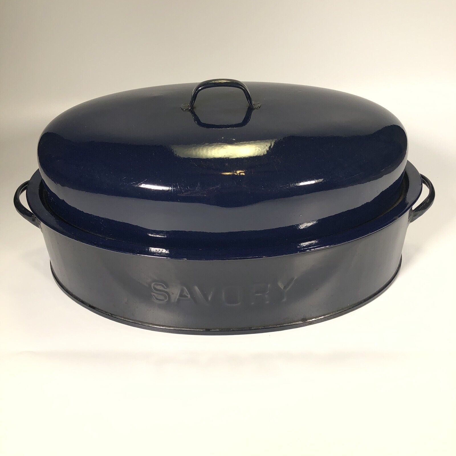 Vintage SAVORY Roasting Pan Blue Oval With Lid Pot Roaster