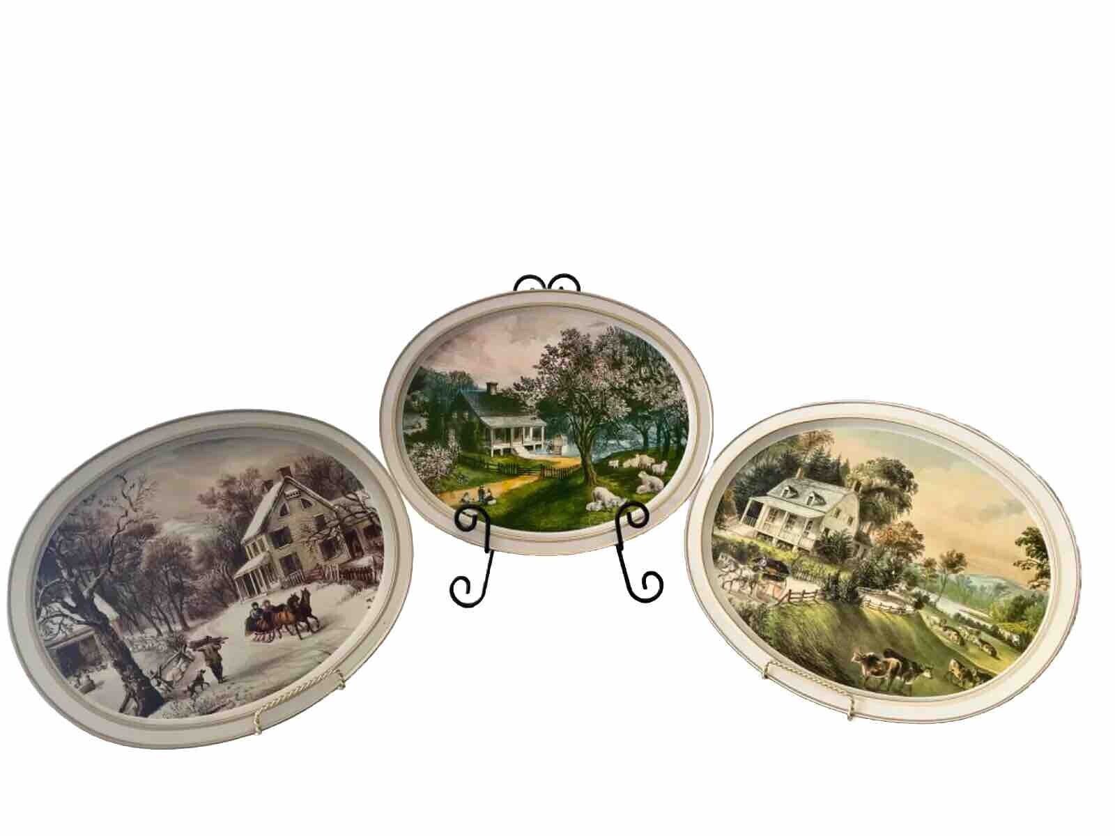 Currier and Ives Metal Trays American Homestead Oval ~ Set of 3 ~ USA