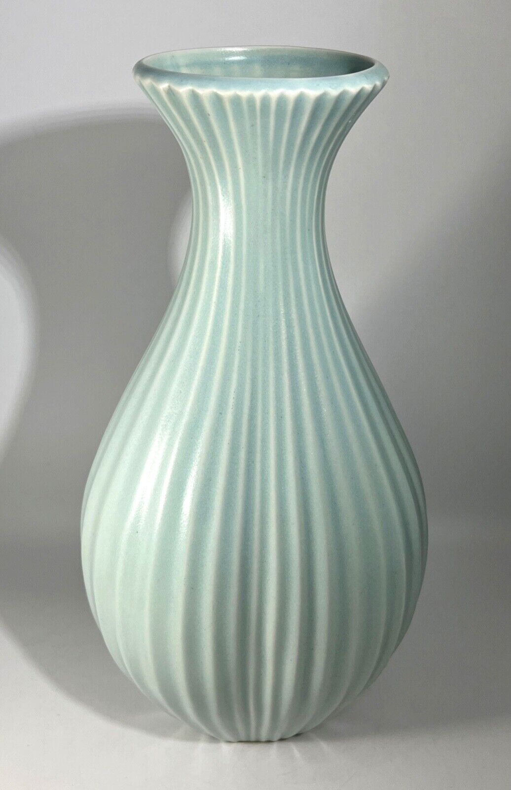 Klein Reid NYC Embossed Ribbed Stripe Celedon Porcelain Vase 13.5\
