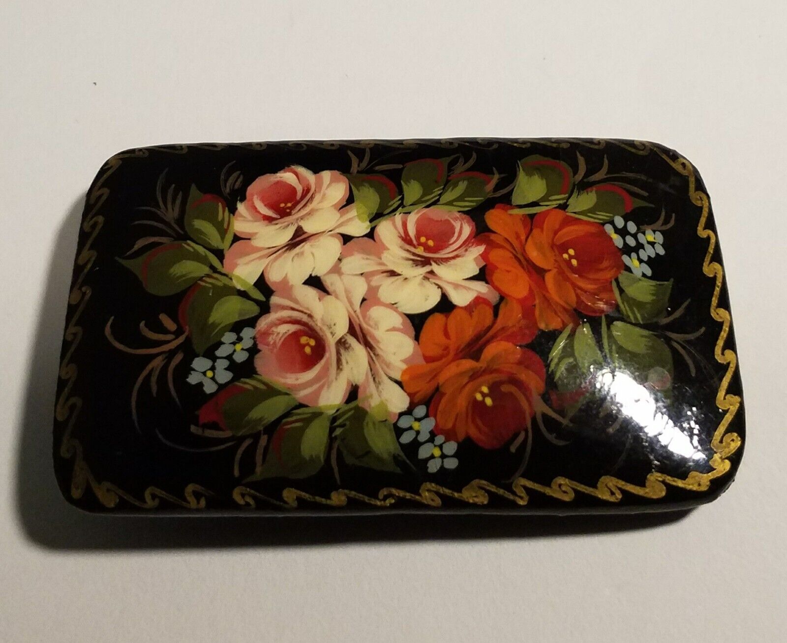Vintage Hand Painted Russian Wood Laquer Floral Spray Brooch Pin 2 x 1 inch