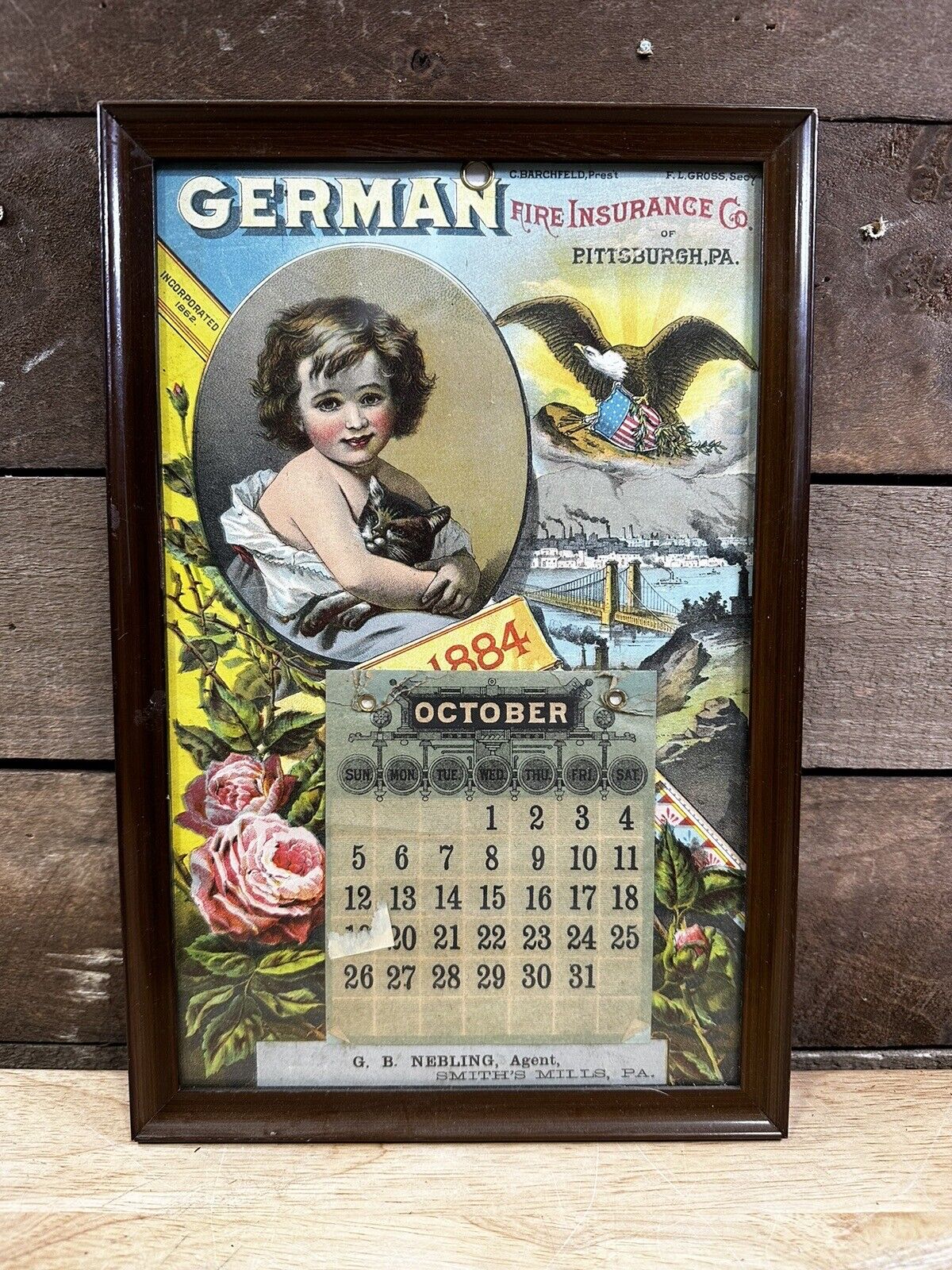 Antique 1884 German Fire Insurance Co. Of Pittsburgh Framed Calendar