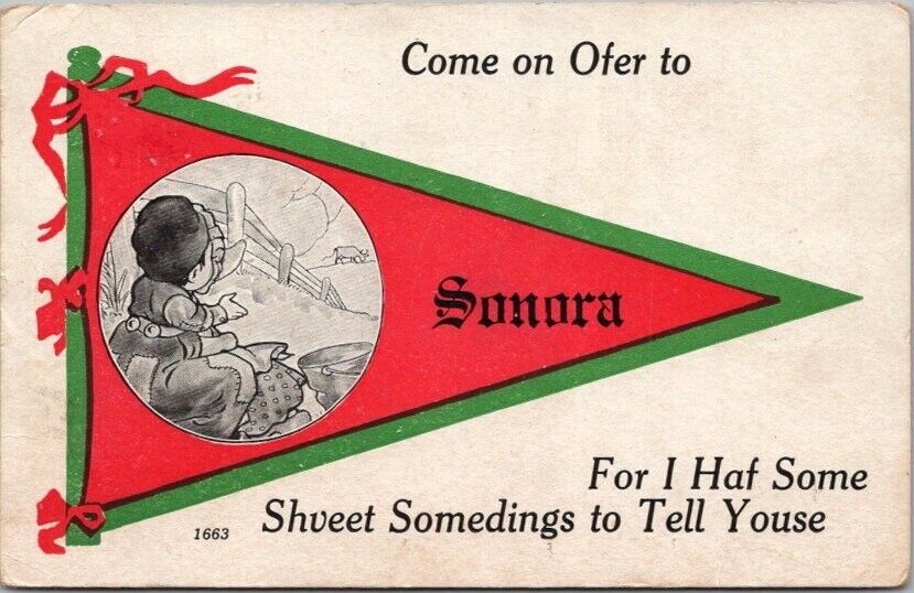 Vintage SONORA, North Dakota Greetings Postcard Dutch Boy / Pennant 1914 Cancel