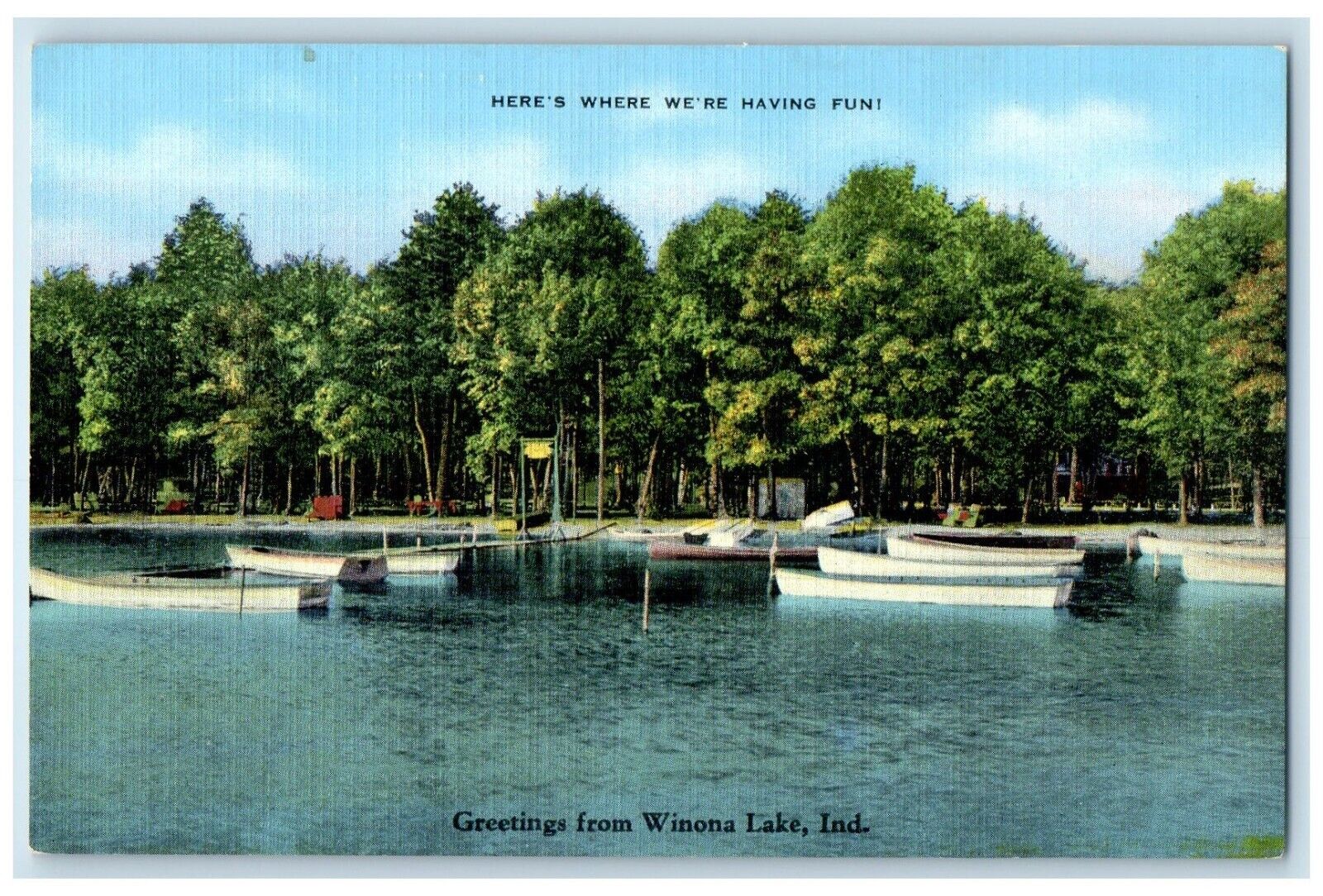 c1940 Greetings From Canoe Boat Port Dock Winona Lake Indiana Vintage Postcard