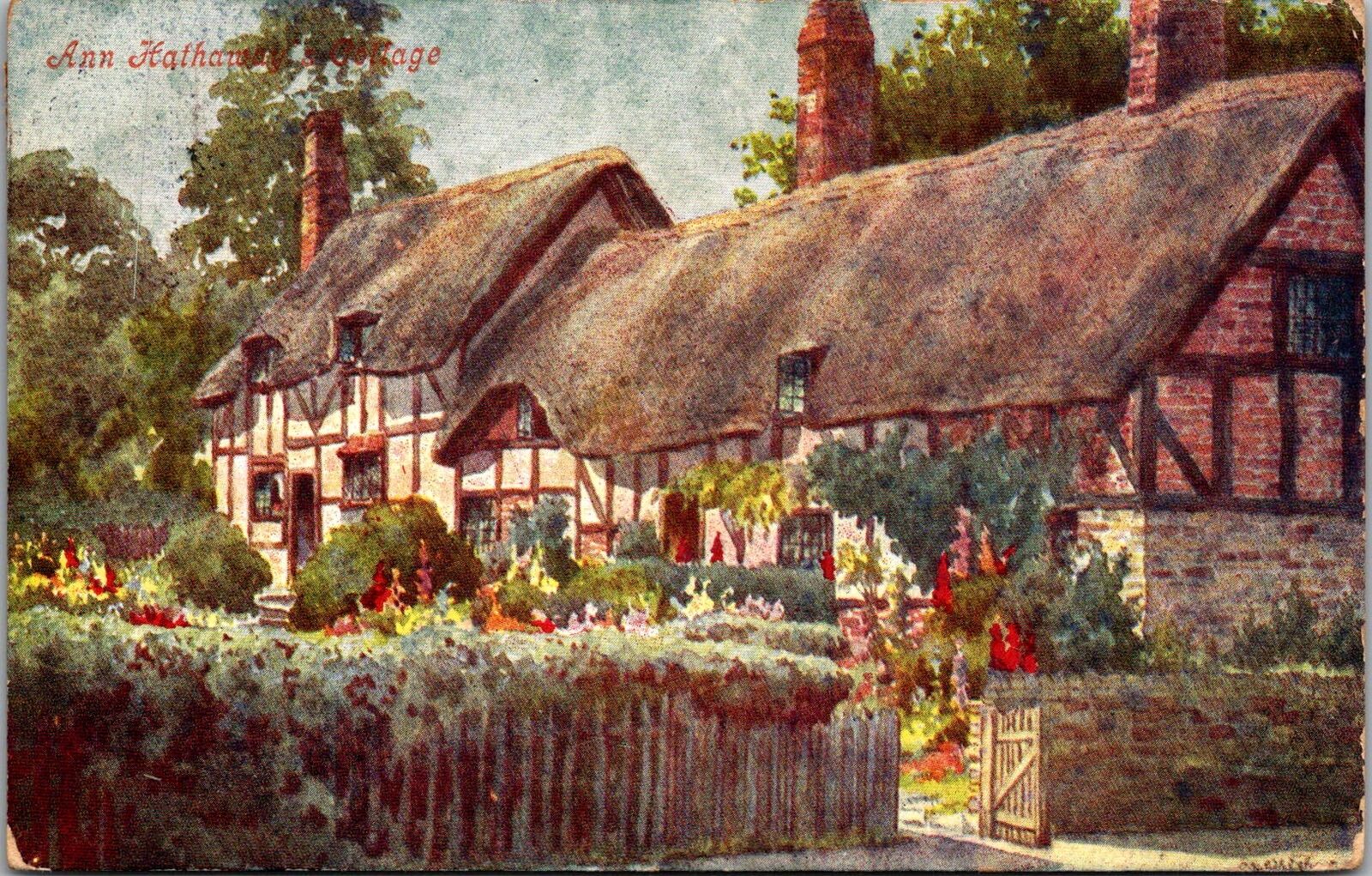 Ann Hathaways Cottage Watercolor Style Painting Postcard Stratford upon Avon