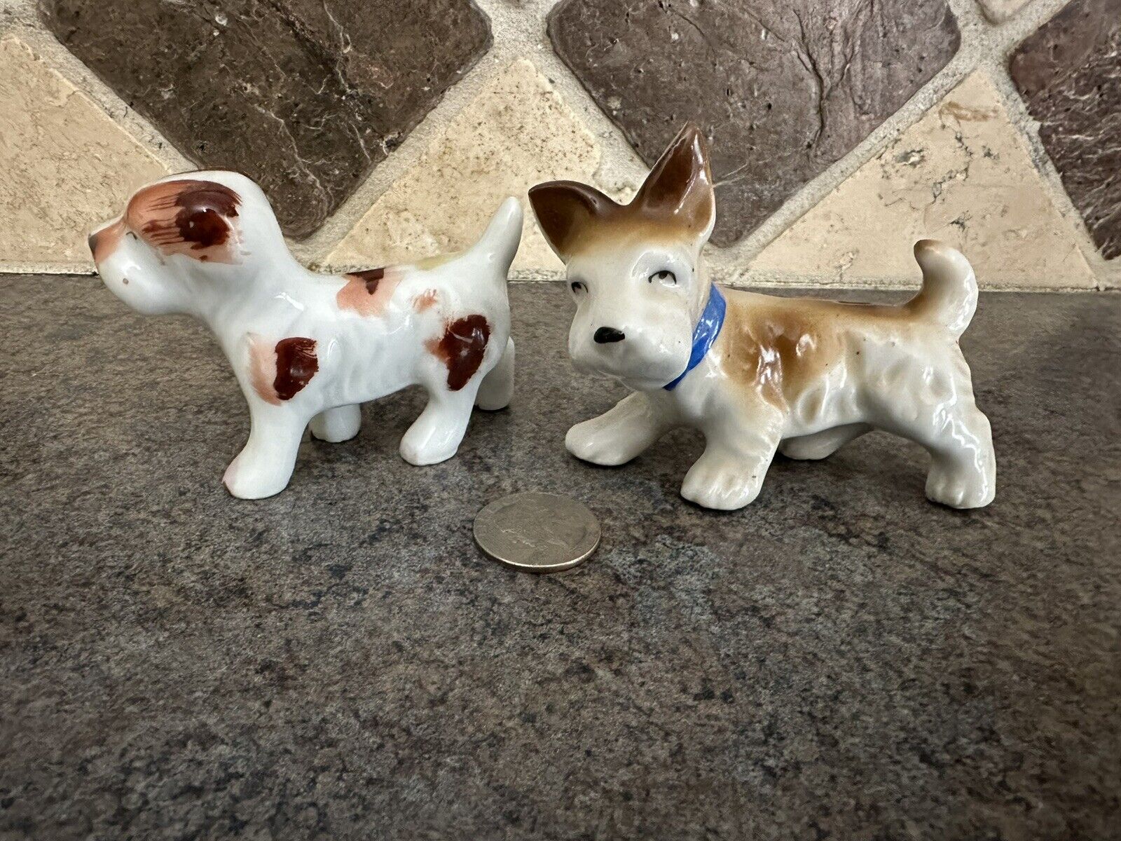 LOT OF 2 VINTAGE CERAMIC DOG FIGURINES MCM Japan Terriers Glossy Porcelain Brown