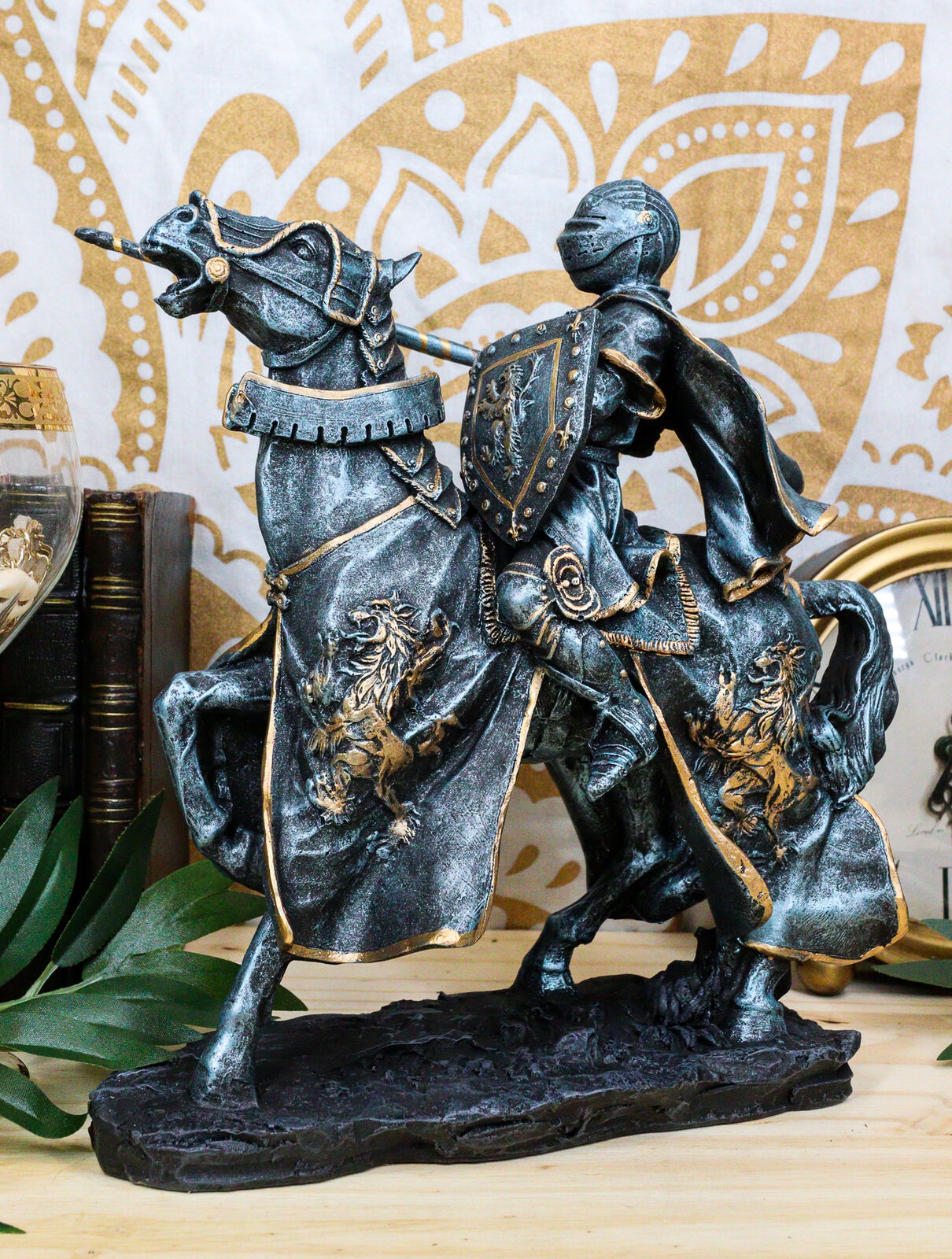 Ebros Medieval Jousting Suit Of Armor Knight On Cavalry Horse Statue 11\