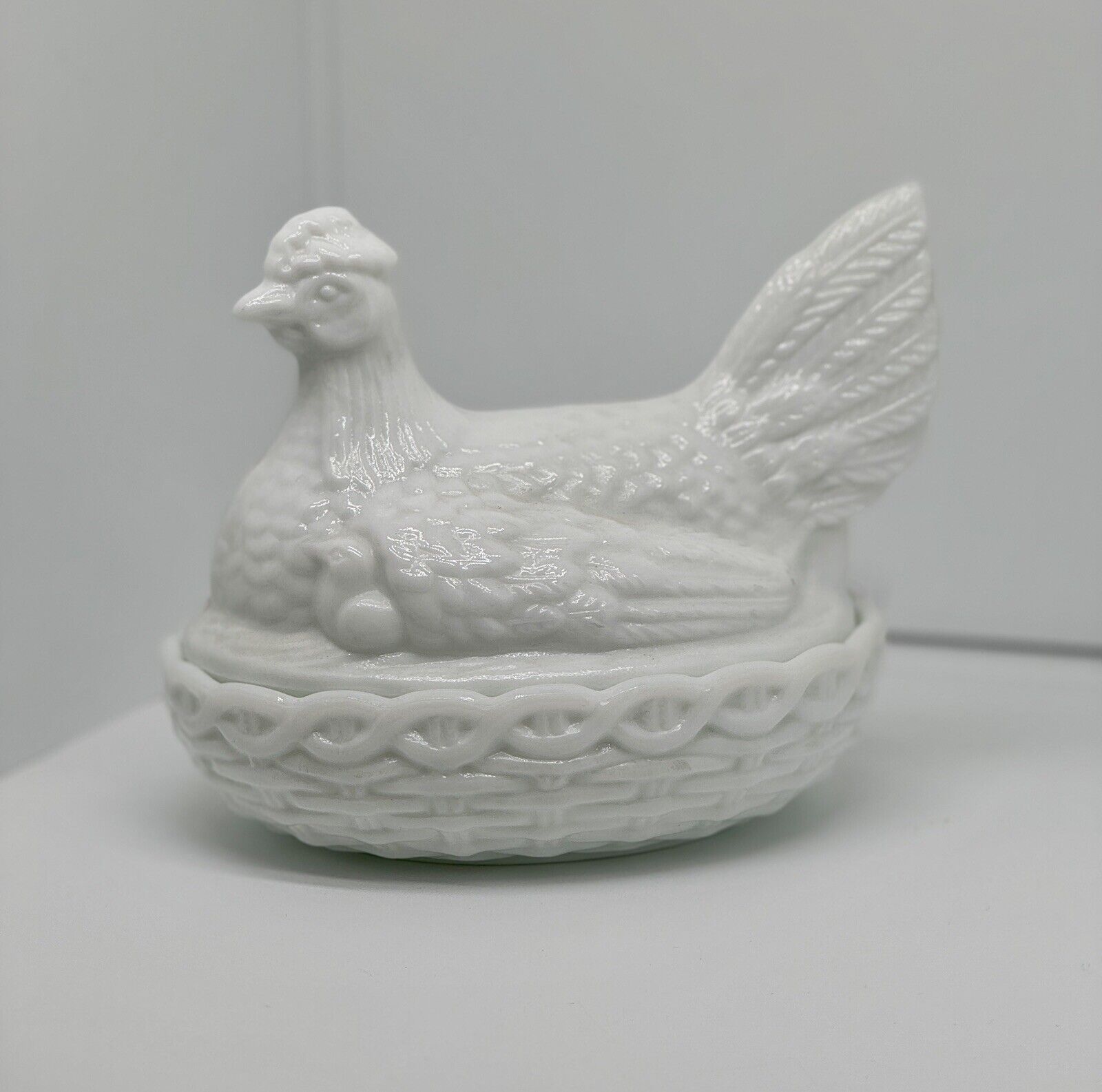 Vintage White Milk Glass Chicken/Hen on Nest Covered Bowl, Candy Dish
