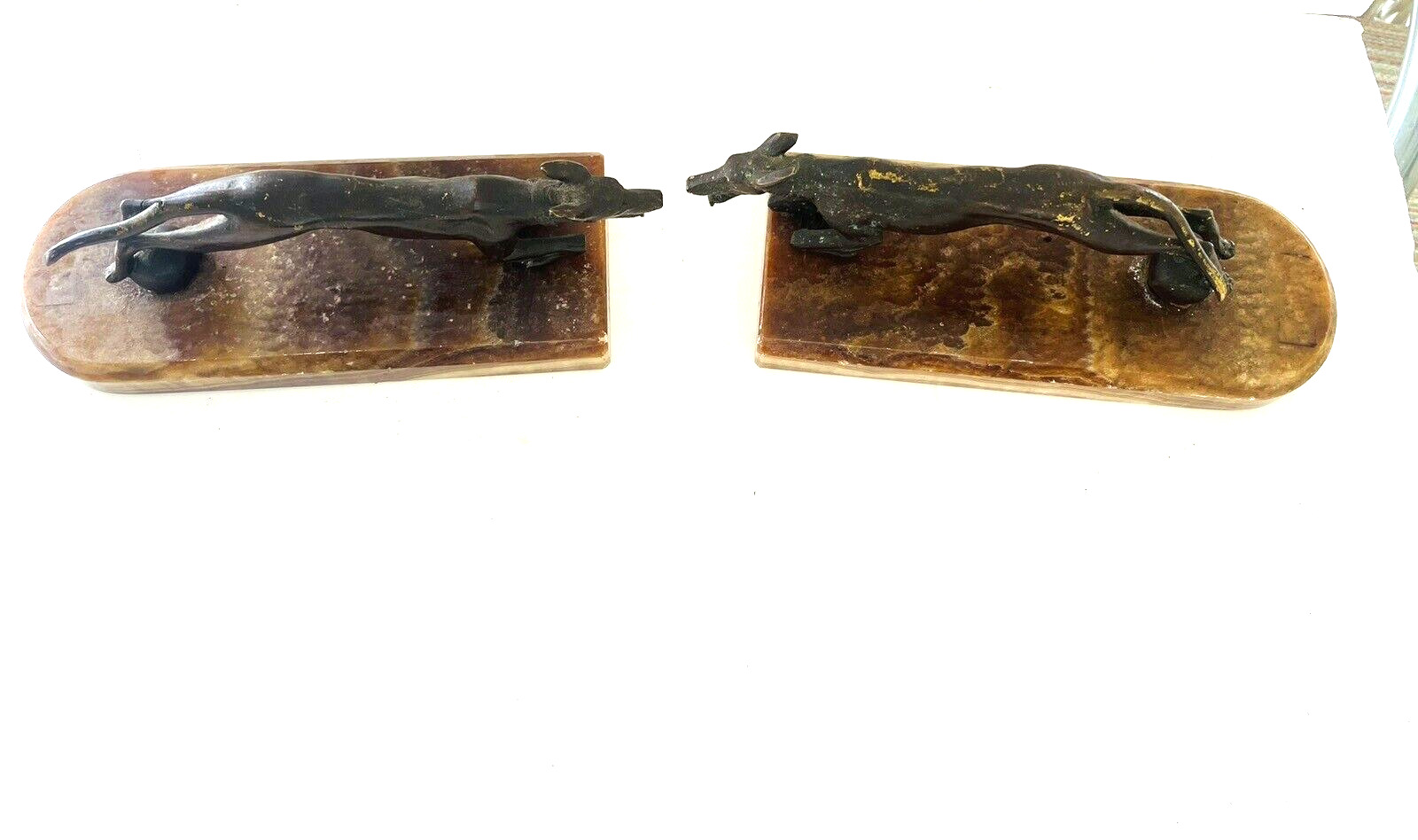 Pair of French  Greyhounds Bookends. Agate  Marble Bases. Vintage