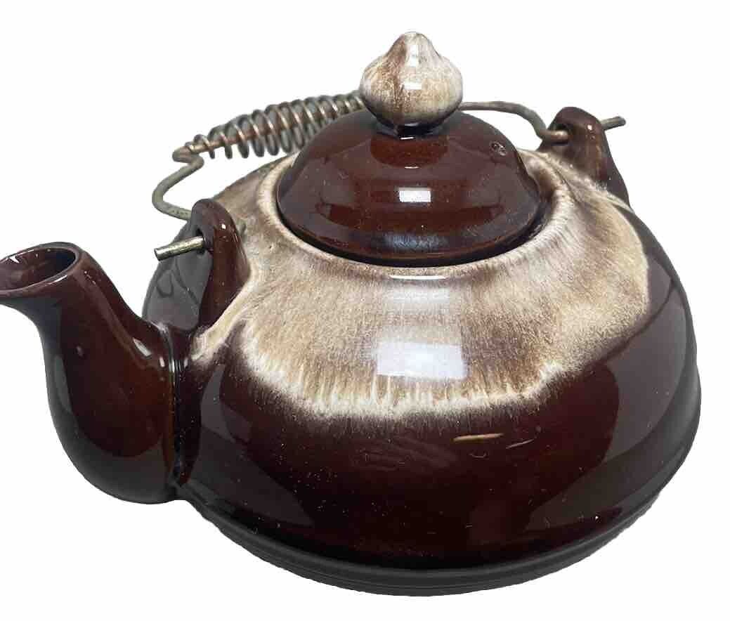 Vintage Redware Teapot Wire Handle Ceramic Earthenware Brown W/Mirror Glaze