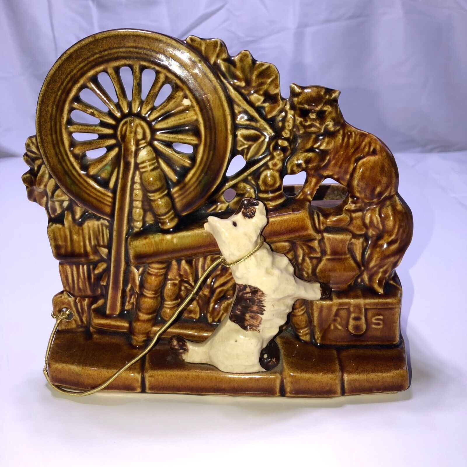 1950's McCoy Pottery Planter Spinning Wheel Scottie Scotty Dog Cat Vintage