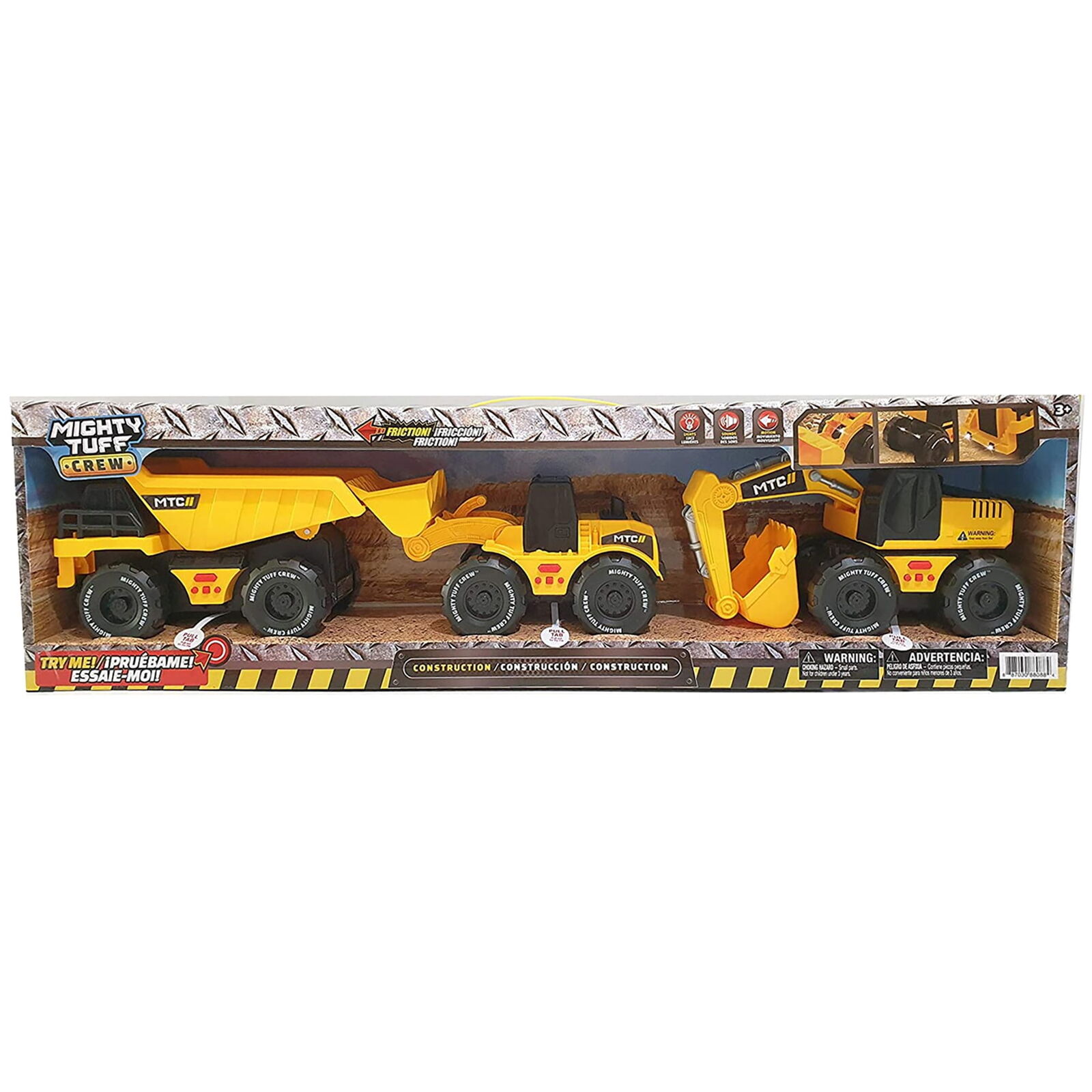 Mighty Tuff Crew Lights & Sounds 3Pack Vehicles Set, Friction Powered Dump Truck