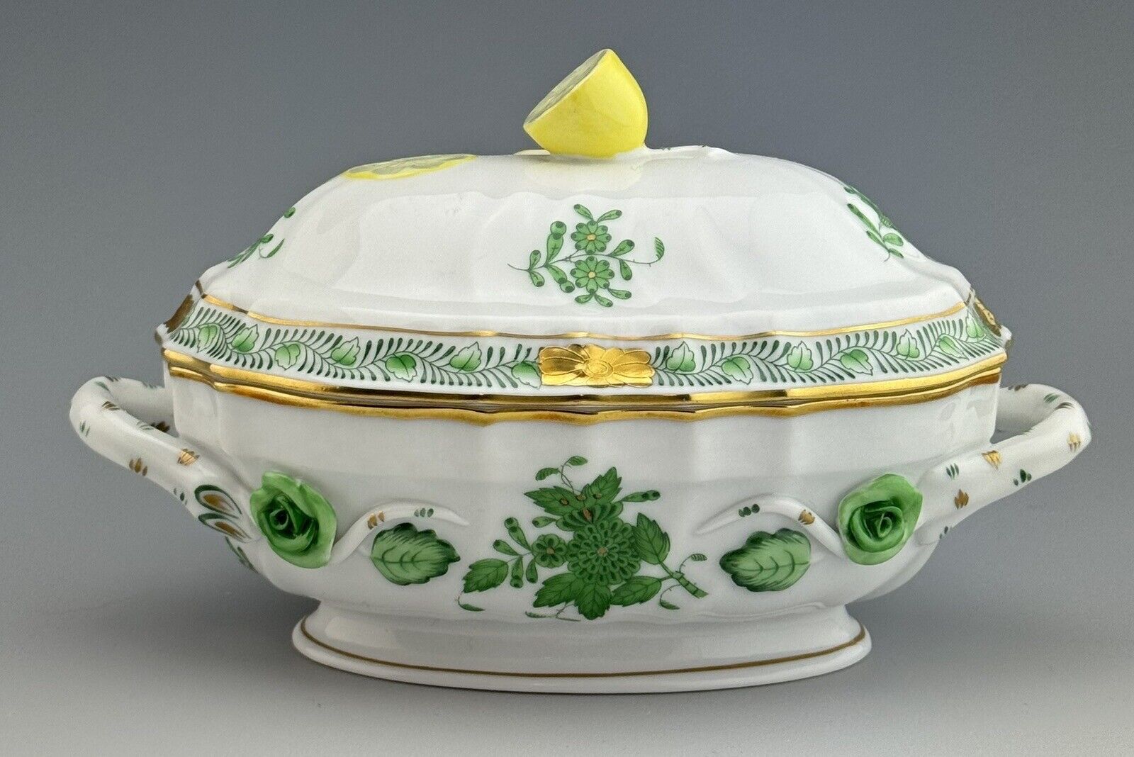 🦋MINT HEREND Mini 6” Condiment Tureen Chinese Bouquet Green