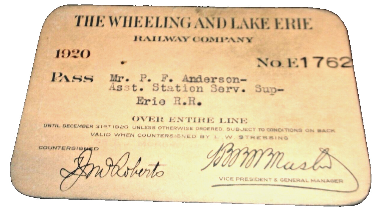1920 W&LE WHEELING AND LAKE ERIE RAILWAY EMPLOYEE PASS #1762