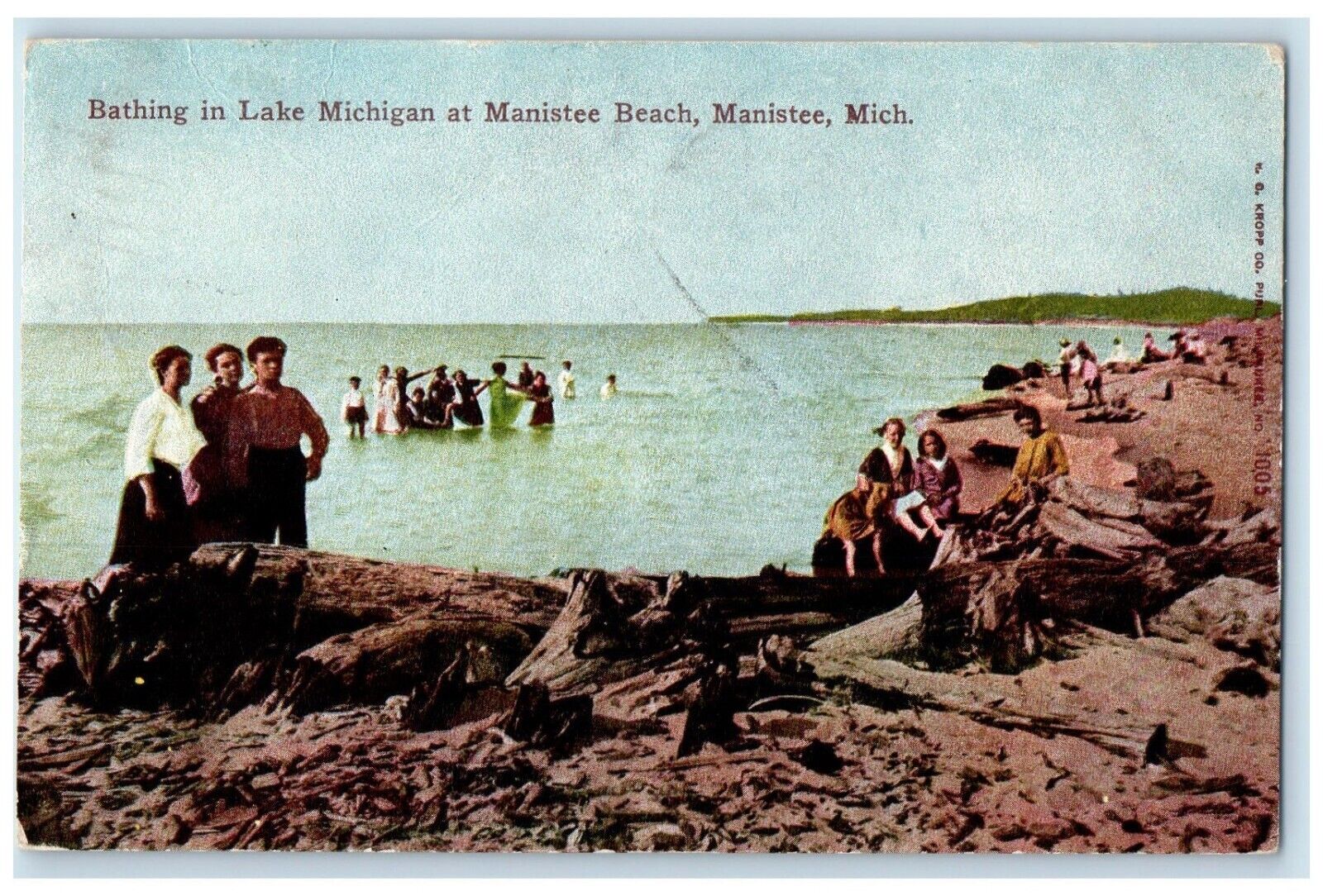 1912 Bathing In Lake Michigan At Manistee Beach Manistee MI Antique Postcard