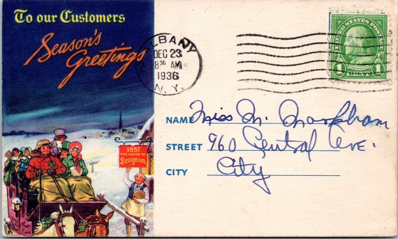1936 Christmas Greetings Postcard From Seagram\'s Whiskey, Albany New York