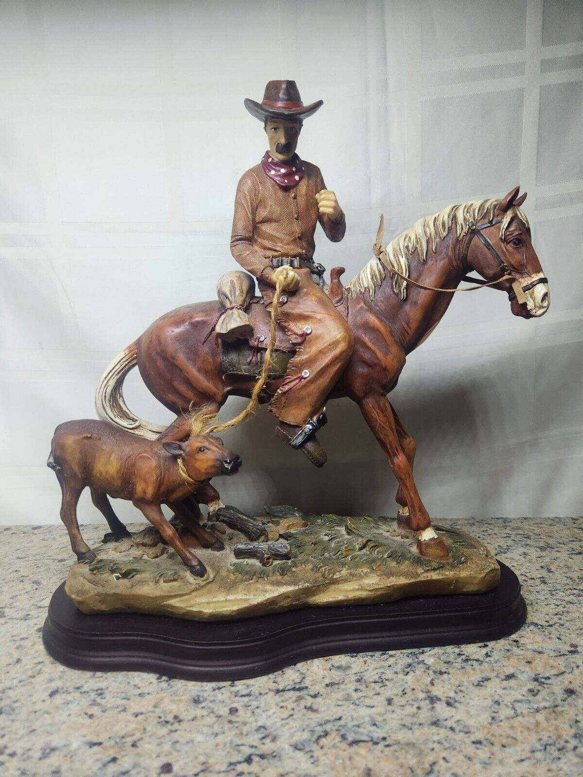 Sculpture Figure Western Cowboy Riding Horse Roping Cow / Bull
