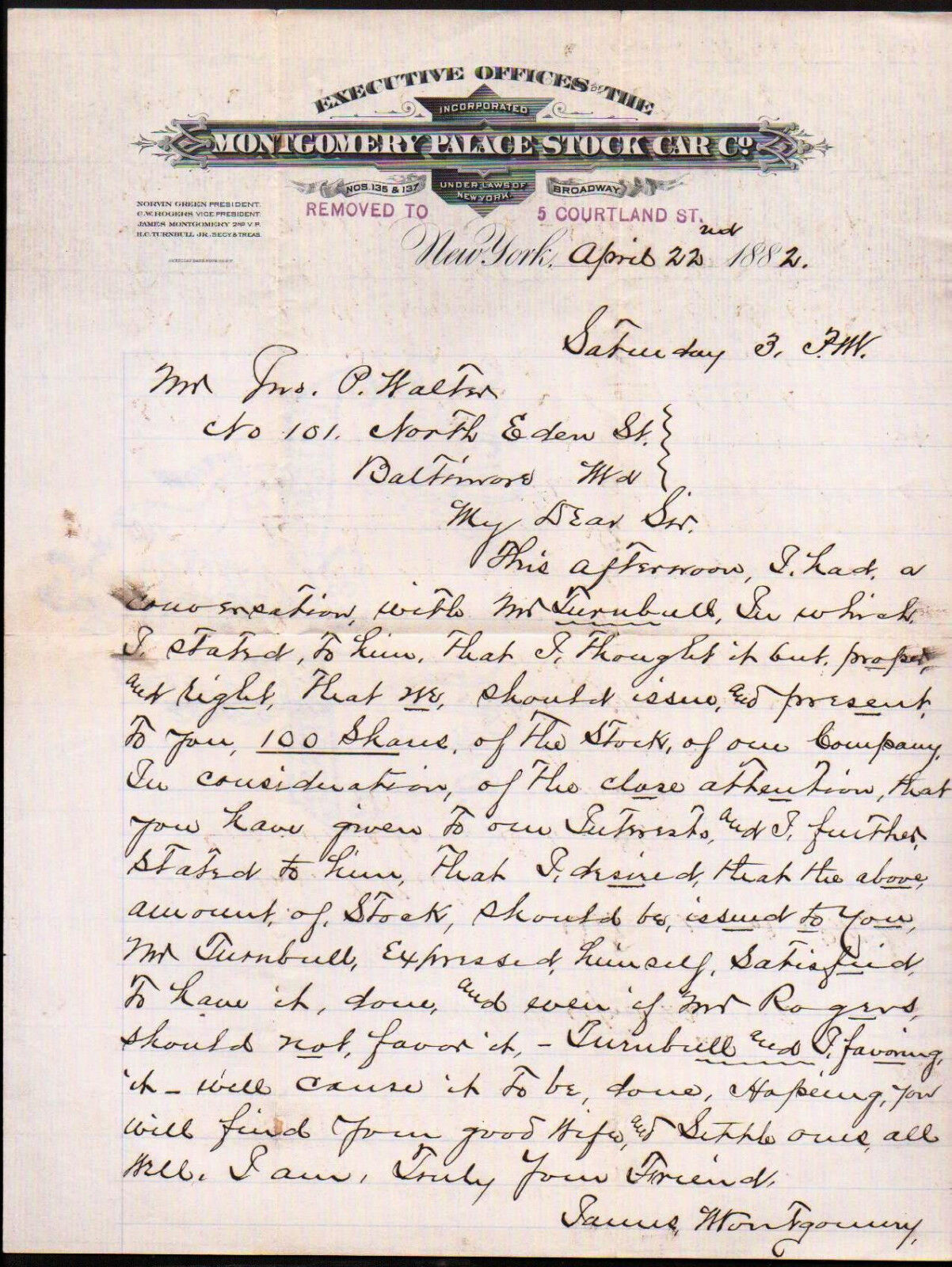 1882 Montgomery Palace Stock Car Co - New York - Railroad Letter Head  Rare