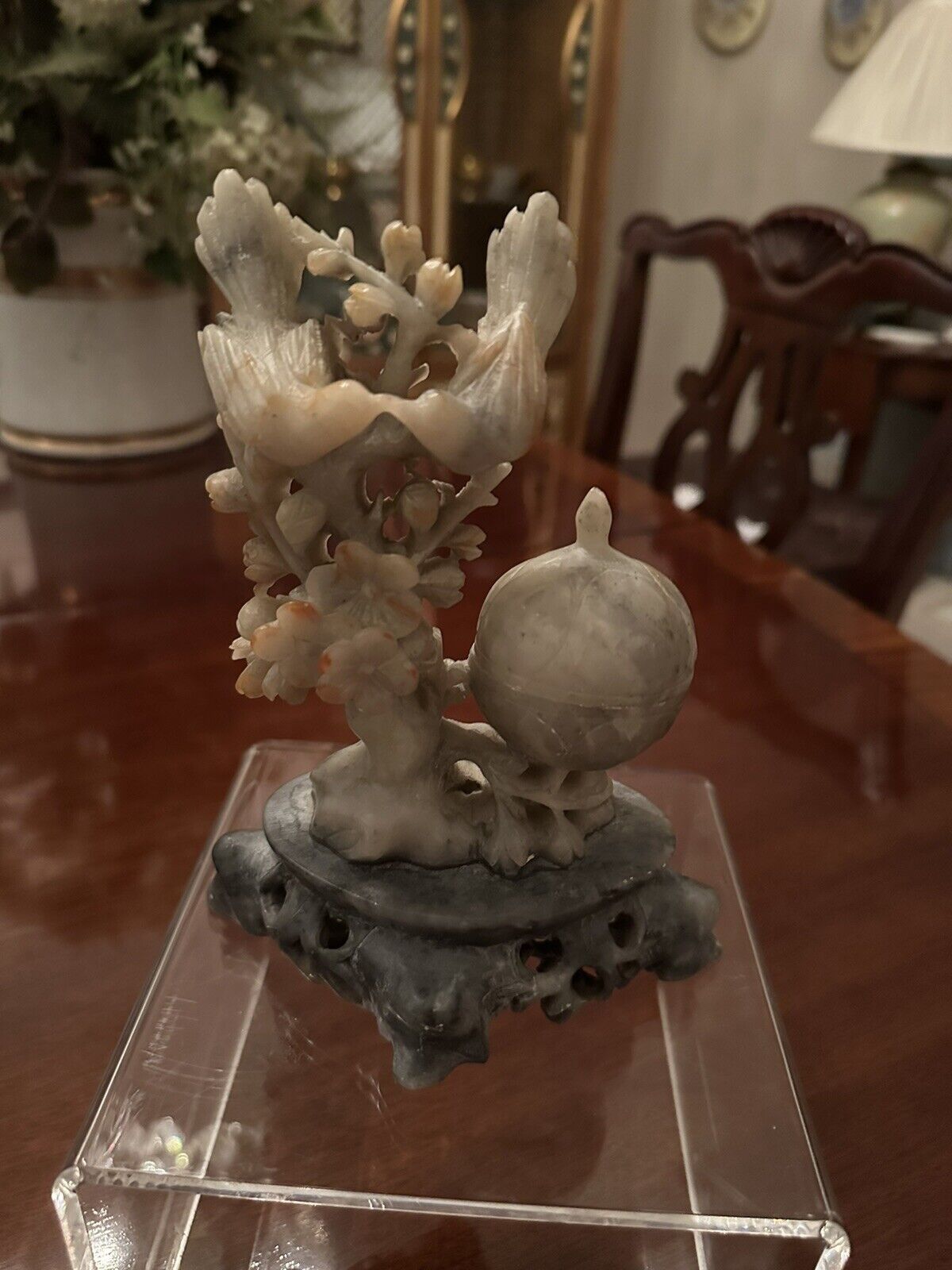 Chinese Vintage Hand Carved Soapstone W Kissing Birds & Incense Burnet. Verygood