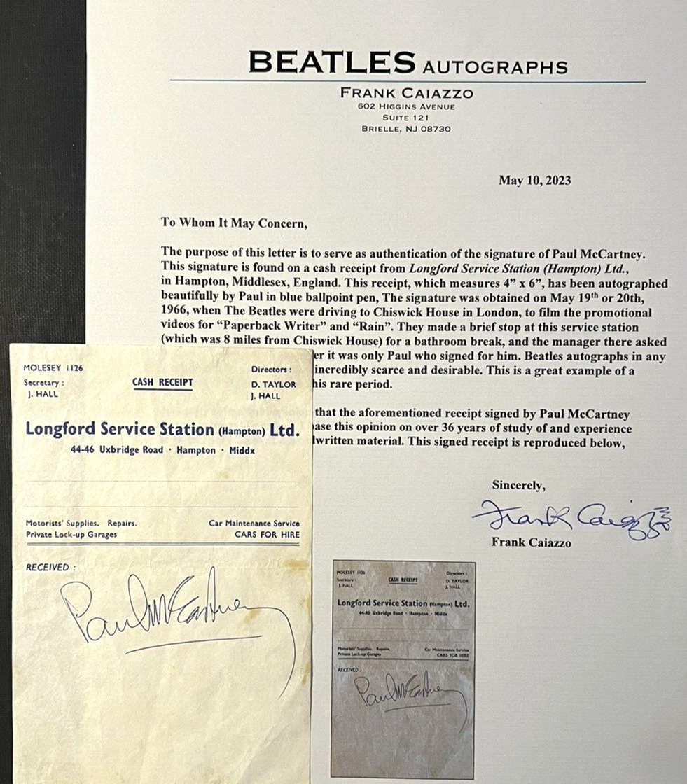 THE BEATLES PAUL MCCARTNEY SIGNED AUTOGRAPHED 1966 RECEIPT 4X6 FRANK CAIAZZO COA