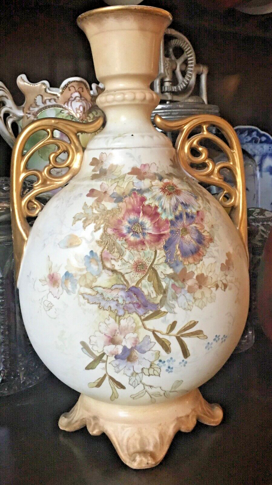 1875 - 1890 Royal Bonn Germany Gold Pastel Floral Hand Painted Vase