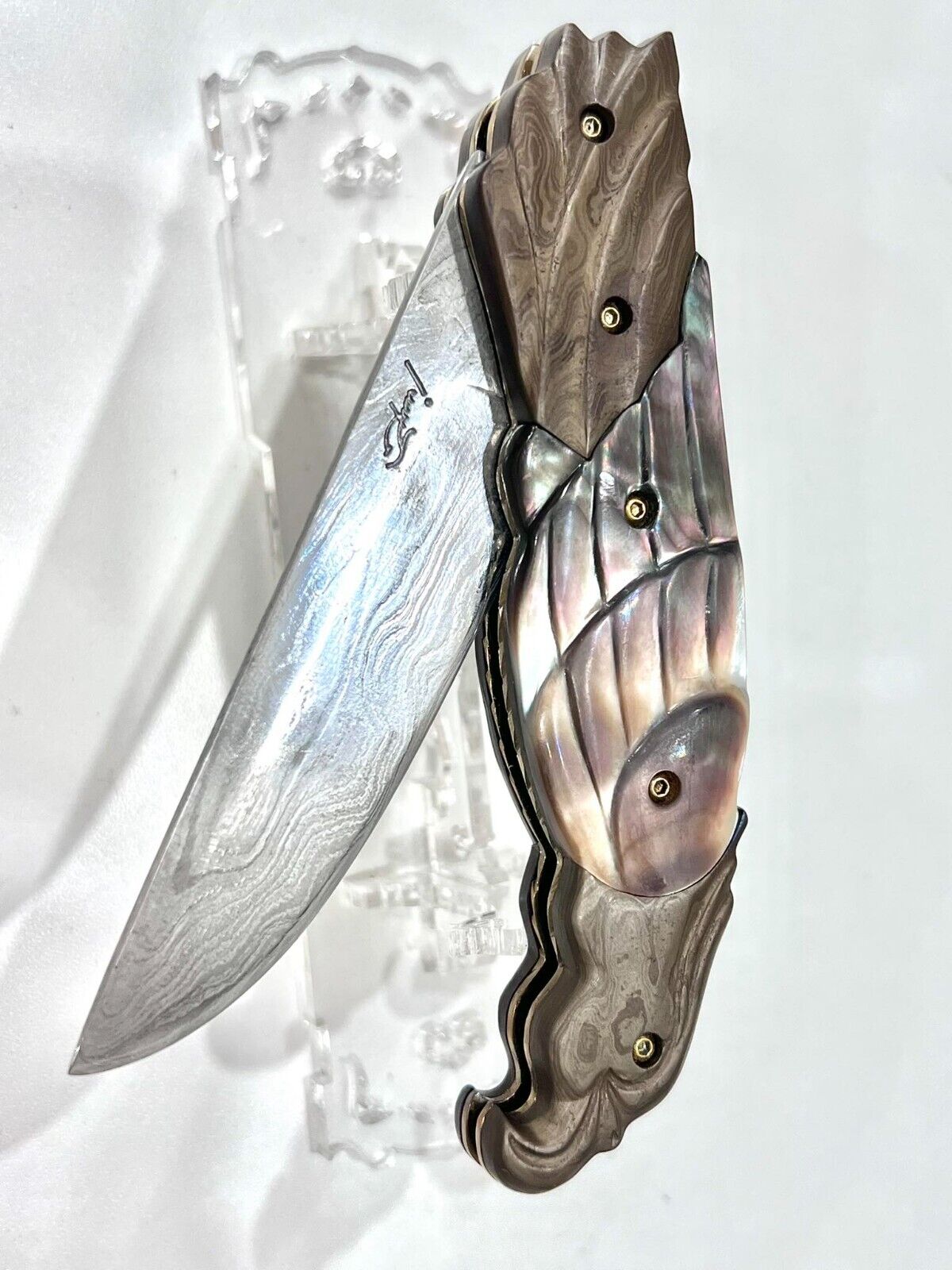 CUSTOM FOLDING KNIFE DAMASCUS STEEL Pearl carved eagle RARE S.JANGTANONG S-19