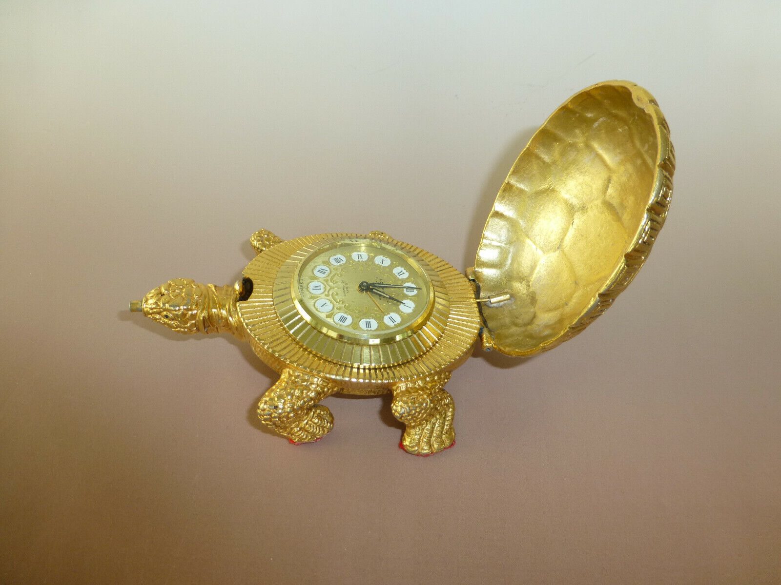 Vintage Swiss Looping Gold Gilt Metal Turtle Tortoise Ornament 8Day Alarm Clock 