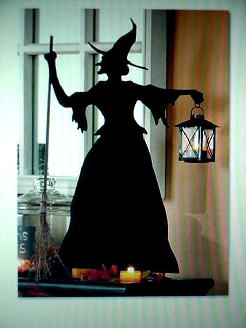 Halloween WITCH SILHOUETTE Metal Cutout RARE OOP display Broken Glass Lantern