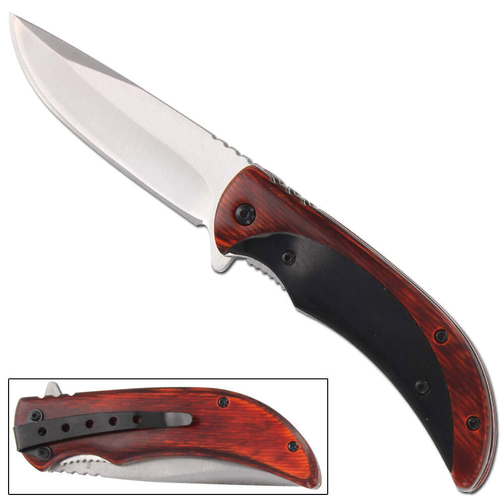 Spring Assisted Folding Pocket Knife Stainless Steel Wood Handle Wood Handle