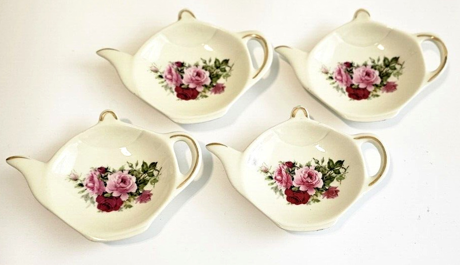 Vintage Teapot Shaped Tea Bag Holders Caddys (4) Formalities Baum Bros Roses